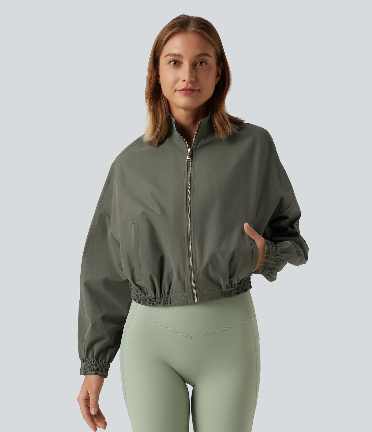 Stand Collar Long Sleeve Running Jacket with Pockets — Dusty Olive — view 3