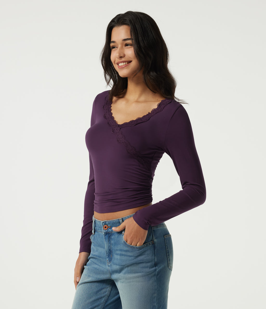 V Neck Long Sleeve Ruched Contrast Lace Casual Top — Potent Purple — view 3