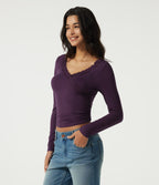 V Neck Long Sleeve Ruched Contrast Lace Casual Top — Potent Purple — view 3