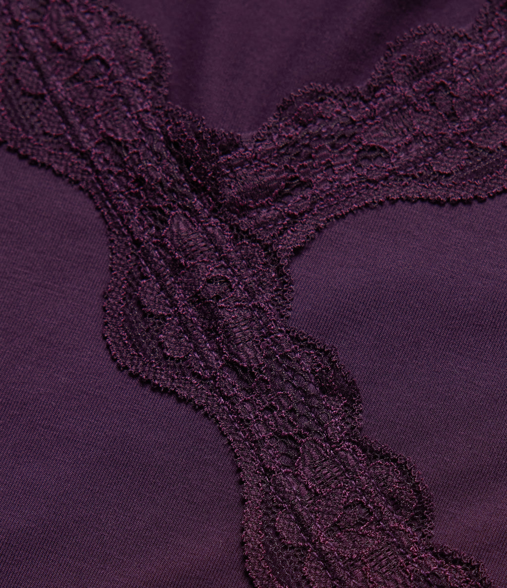 V Neck Long Sleeve Ruched Contrast Lace Casual Top — Potent Purple — view 8