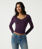 V Neck Long Sleeve Ruched Contrast Lace Casual Top — Potent Purple — view 4
