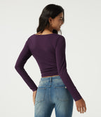 V Neck Long Sleeve Ruched Contrast Lace Casual Top — Potent Purple — view 2