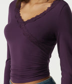 V Neck Long Sleeve Ruched Contrast Lace Casual Top — Potent Purple — view 5