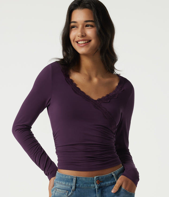 V Neck Long Sleeve Ruched Contrast Lace Casual Top — Potent Purple — view 1