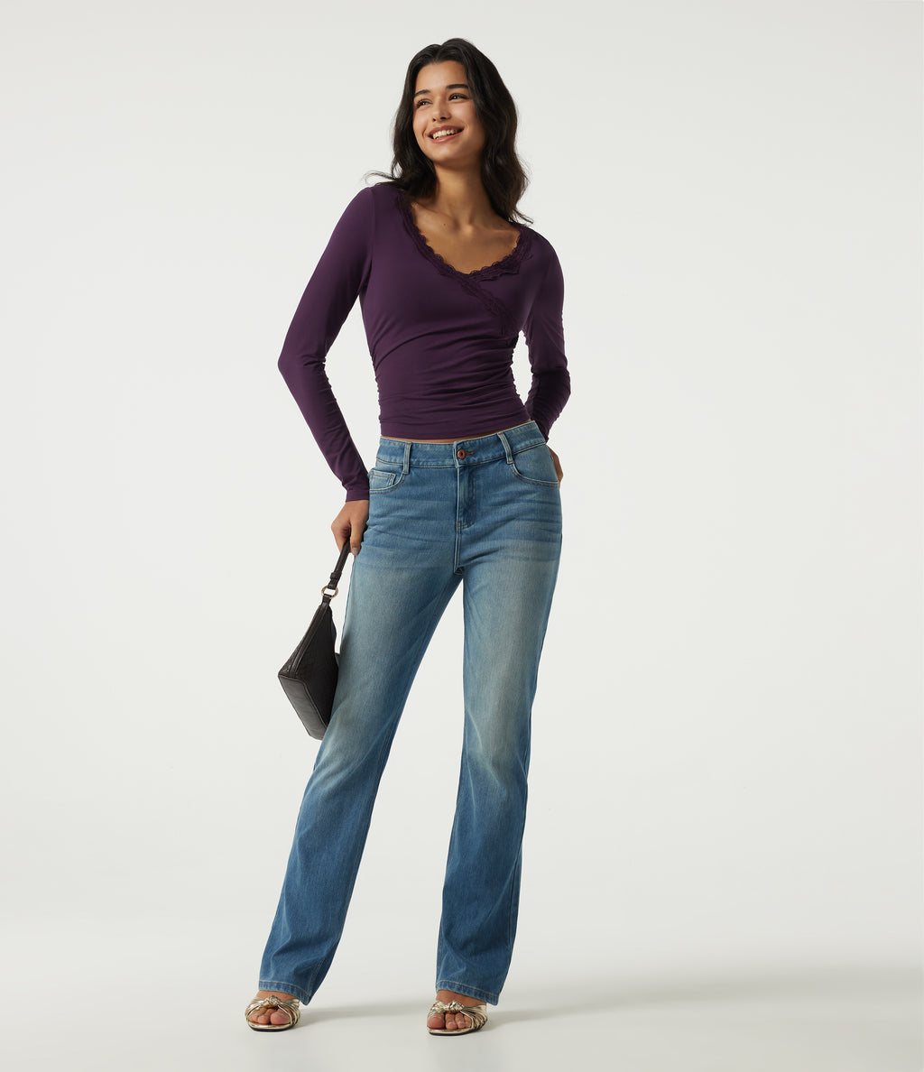 V Neck Long Sleeve Ruched Contrast Lace Casual Top — Potent Purple — view 7