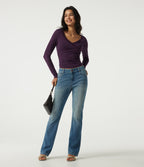 V Neck Long Sleeve Ruched Contrast Lace Casual Top — Potent Purple — view 7