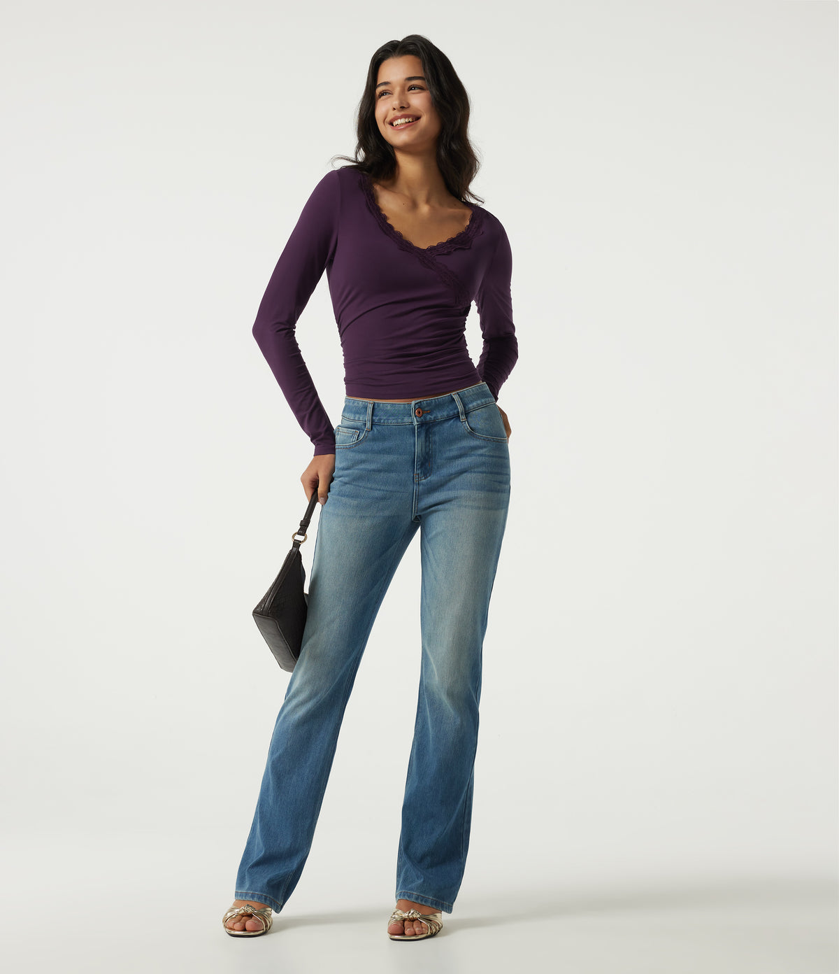 V Neck Long Sleeve Ruched Contrast Lace Casual Top — Potent Purple — view 7