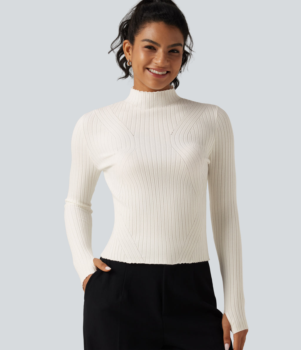 Mock Neck Long Sleeve Slim Work Jumper with Thumbholes — Marshmallow — view 4