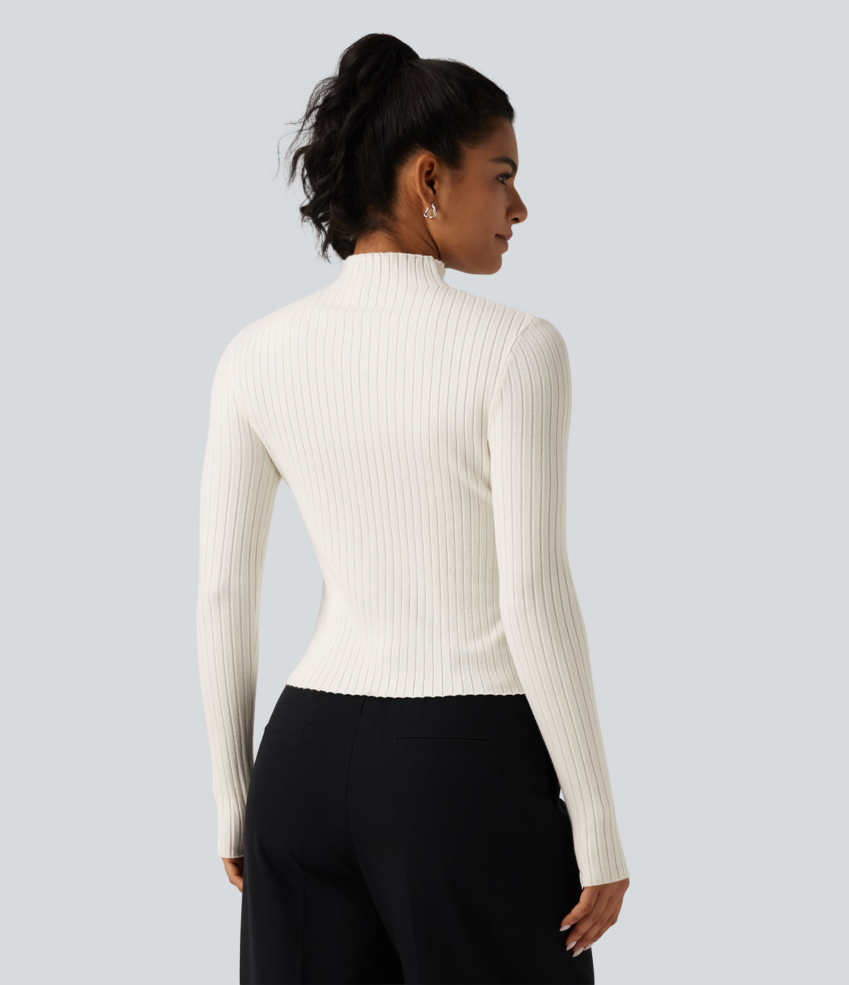 Mock Neck Long Sleeve Slim Work Jumper with Thumbholes — Marshmallow — view 2