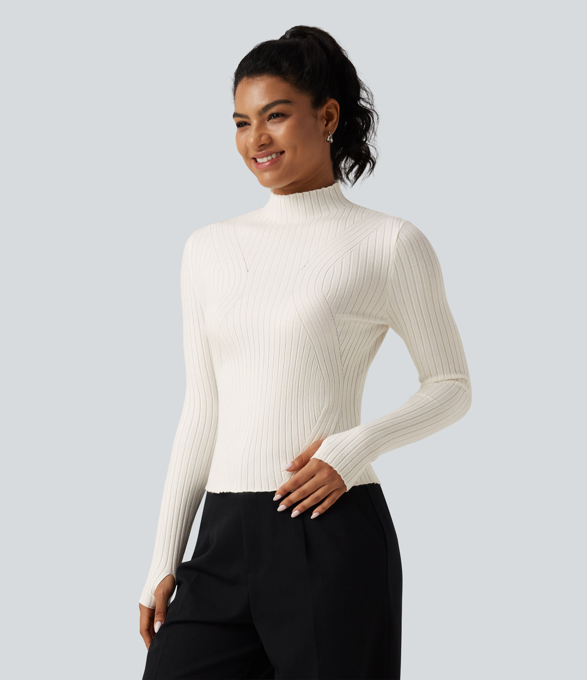 Mock Neck Long Sleeve Slim Work Jumper with Thumbholes — Marshmallow — view 3