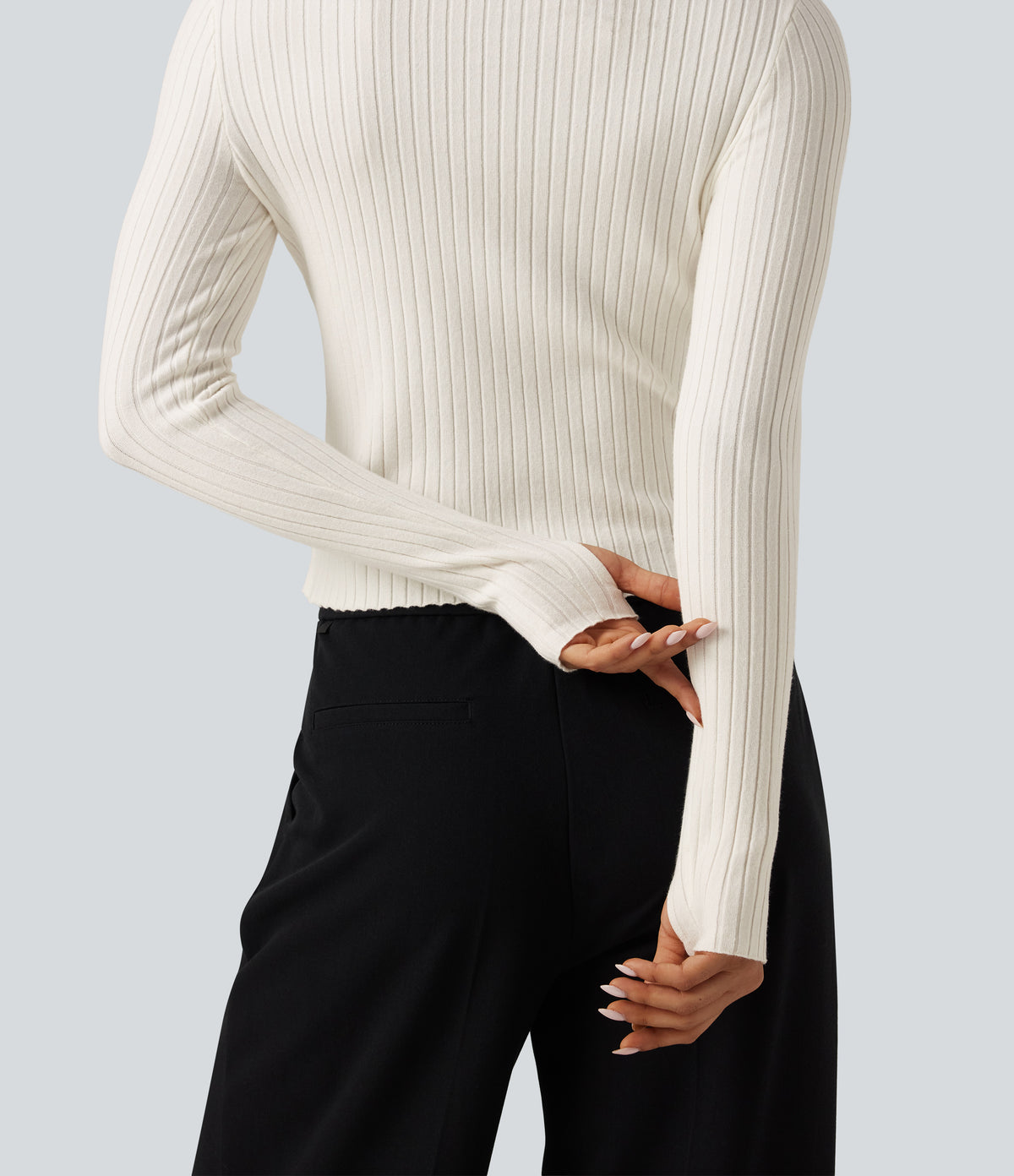 Mock Neck Long Sleeve Slim Work Jumper with Thumbholes — Marshmallow — view 6