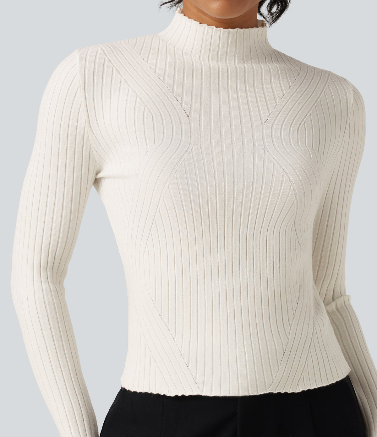 Mock Neck Long Sleeve Slim Work Jumper with Thumbholes — Marshmallow — view 5
