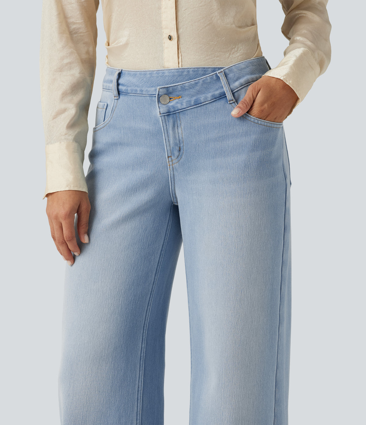Mid Rise Asymmetric Wide Leg Fleece Casual Jeans with Pockets — Blue Jasper Denim — view 5