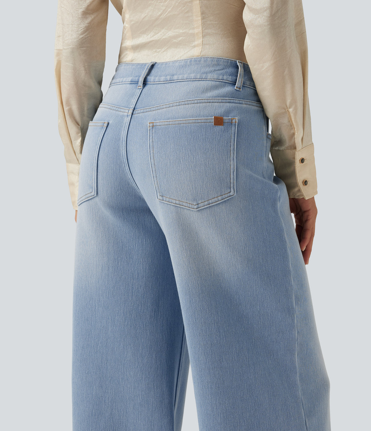 Mid Rise Asymmetric Wide Leg Fleece Casual Jeans with Pockets — Blue Jasper Denim — view 6
