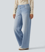 Mid Rise Asymmetric Wide Leg Fleece Casual Jeans with Pockets — Blue Jasper Denim — view 3