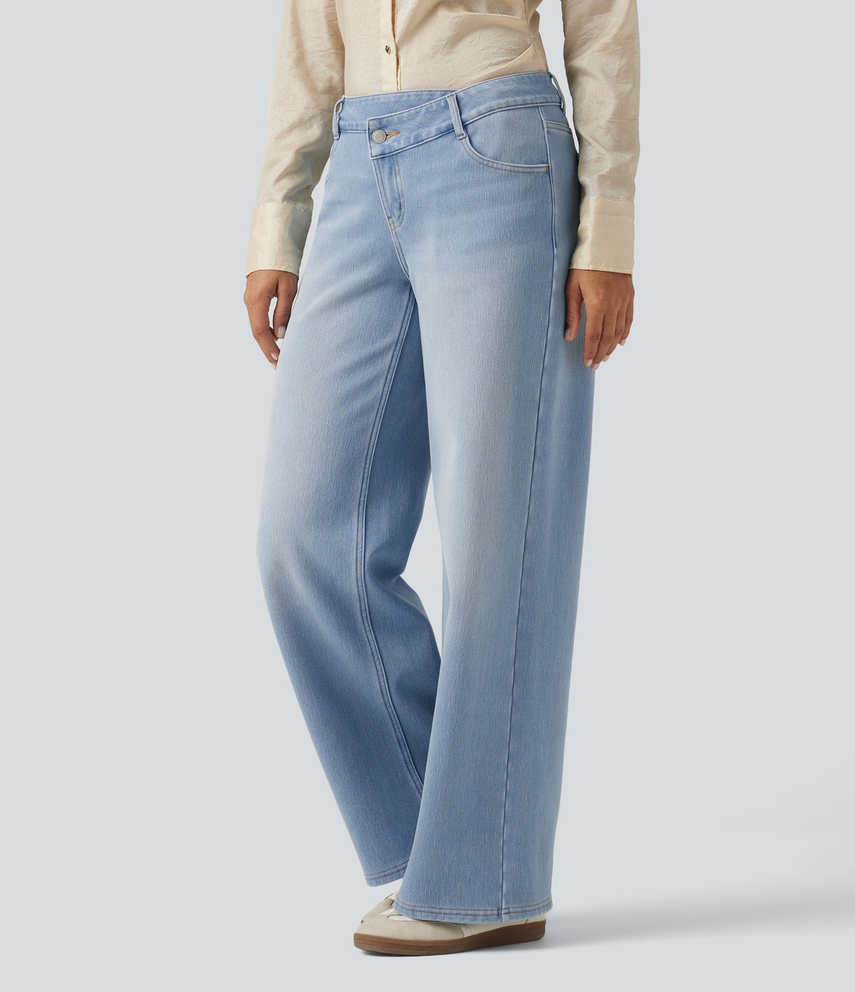 Mid Rise Asymmetric Wide Leg Fleece Casual Jeans with Pockets — Blue Jasper Denim — view 3