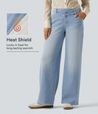 Mid Rise Asymmetric Wide Leg Fleece Casual Jeans with Pockets — Blue Jasper Denim — view 1