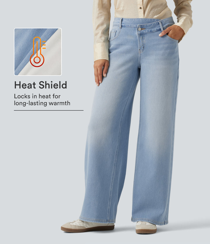 Mid Rise Asymmetric Wide Leg Fleece Casual Jeans with Pockets — Blue Jasper Denim — view 1