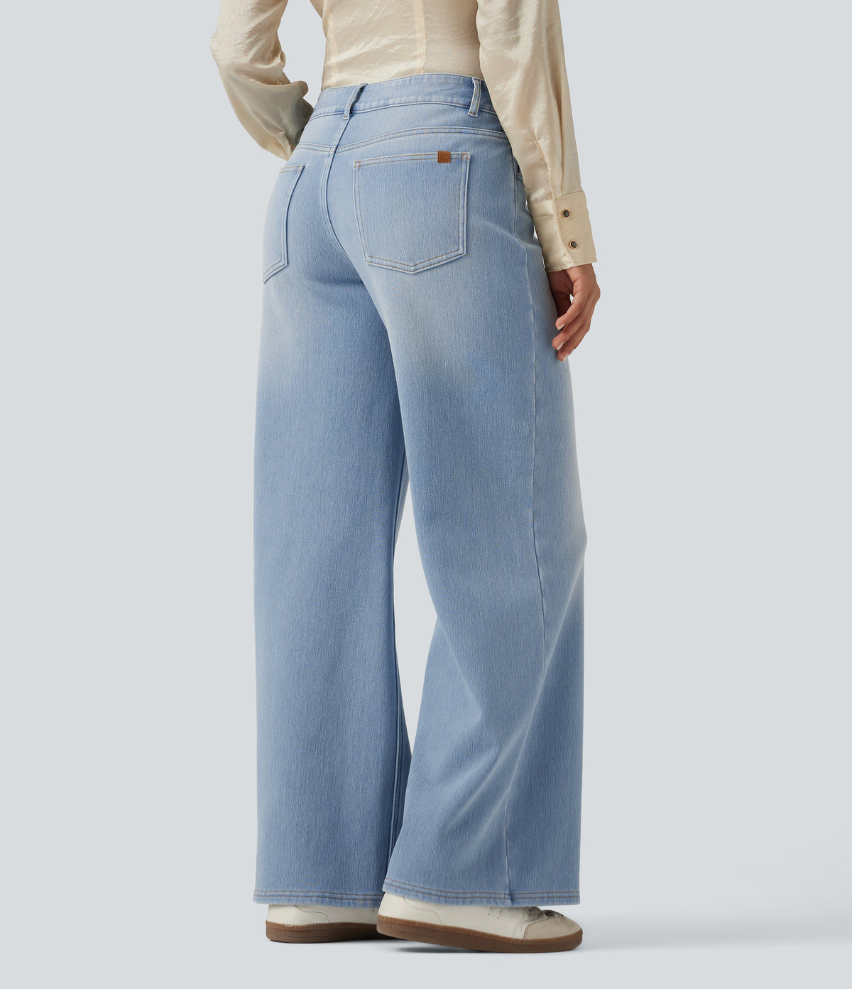 Mid Rise Asymmetric Wide Leg Fleece Casual Jeans with Pockets — Blue Jasper Denim — view 2