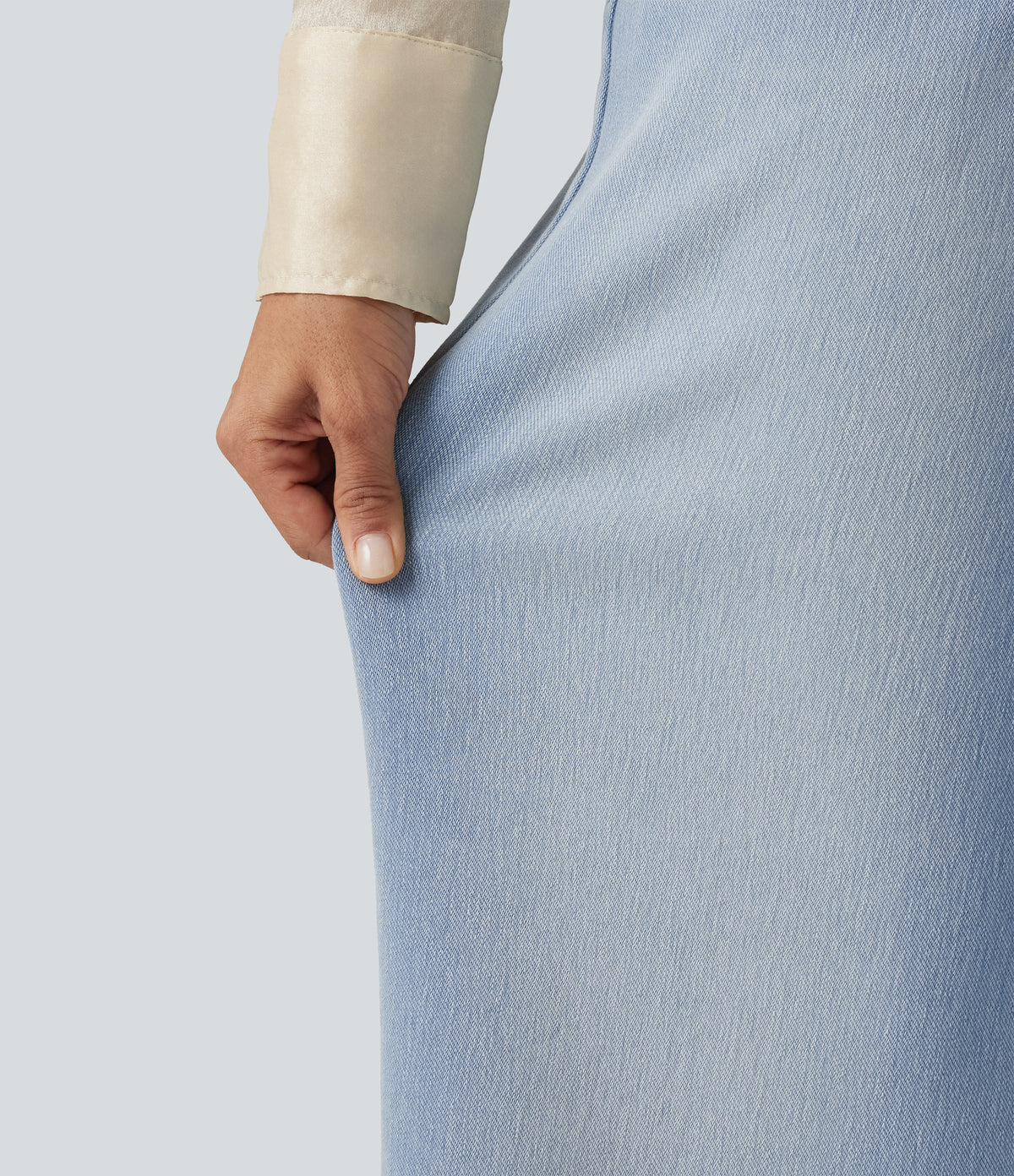 Mid Rise Asymmetric Wide Leg Fleece Casual Jeans with Pockets — Blue Jasper Denim — view 7