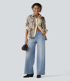 Mid Rise Asymmetric Wide Leg Fleece Casual Jeans with Pockets — Blue Jasper Denim — view 4