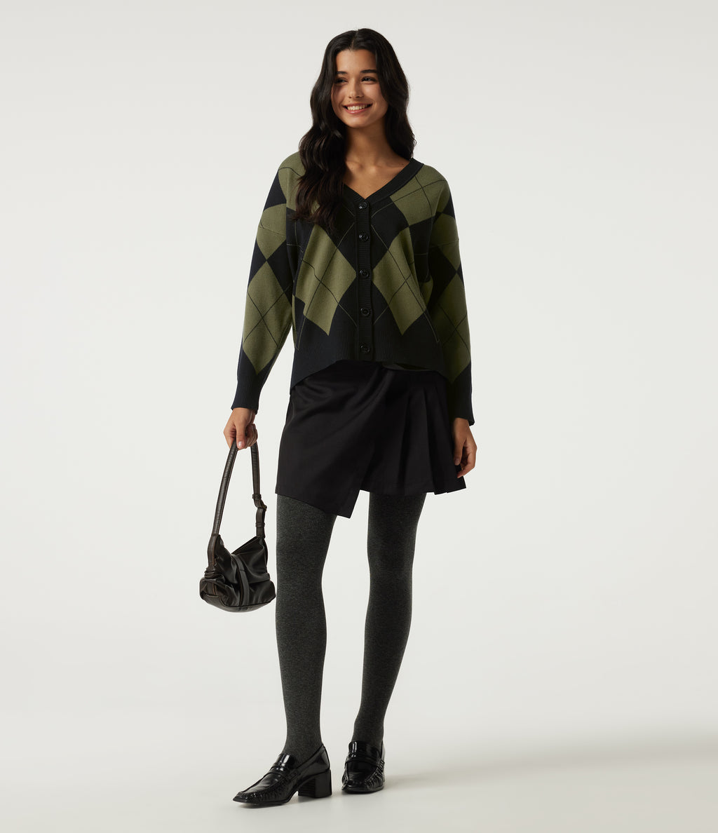 V Neck Long Sleeve Diamond Check Casual Cardigan — Field Noir — view 7