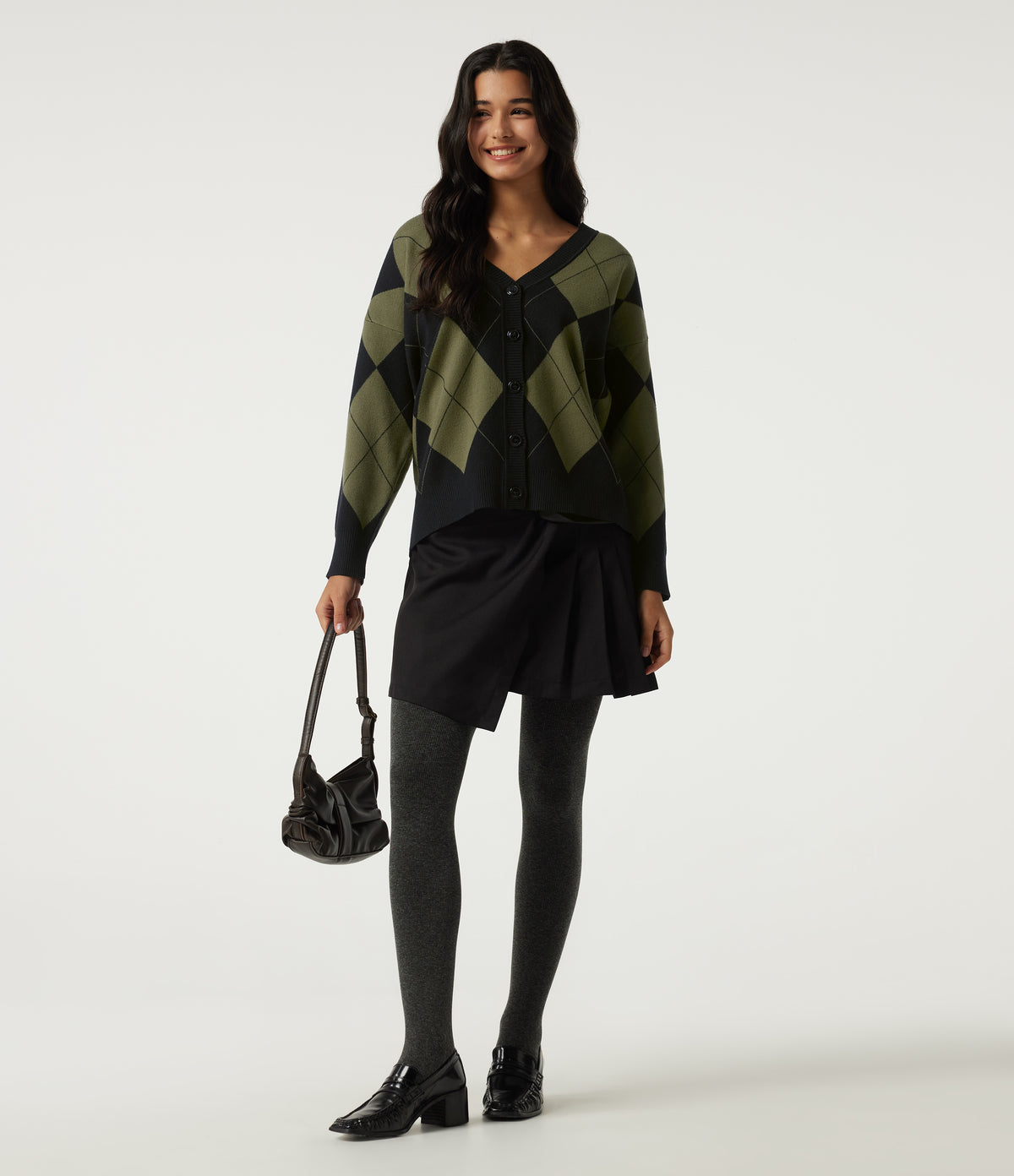 V Neck Long Sleeve Diamond Check Casual Cardigan — Field Noir — view 7