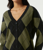 V Neck Long Sleeve Diamond Check Casual Cardigan — Field Noir — view 5