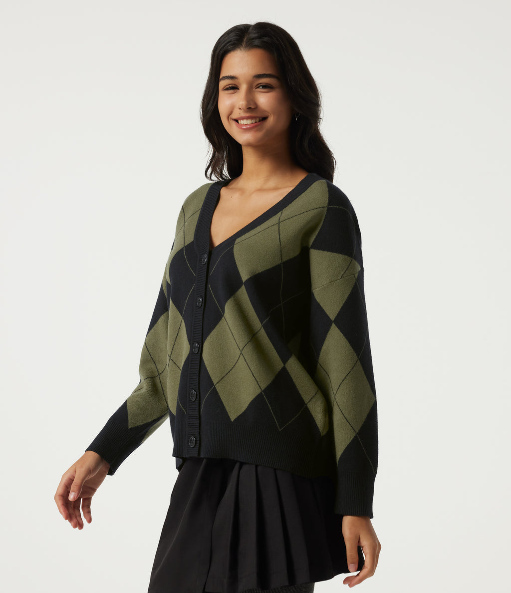 V Neck Long Sleeve Diamond Check Casual Cardigan — Field Noir — view 3
