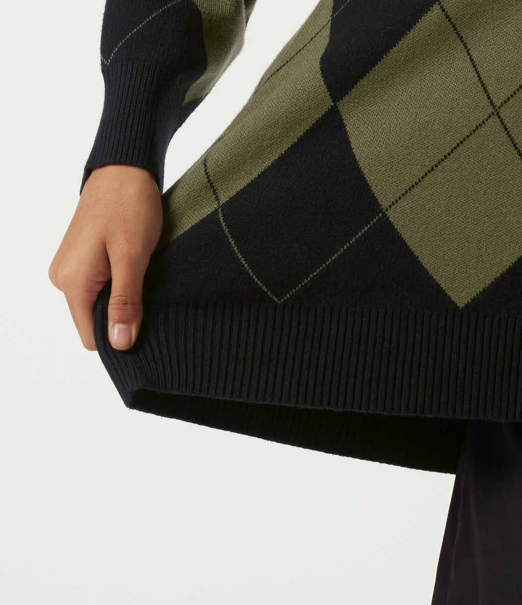 V Neck Long Sleeve Diamond Check Casual Cardigan — Field Noir — view 6