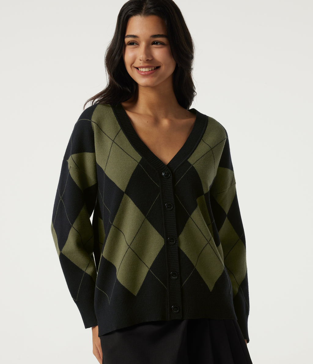 V Neck Long Sleeve Diamond Check Casual Cardigan — Field Noir — view 4