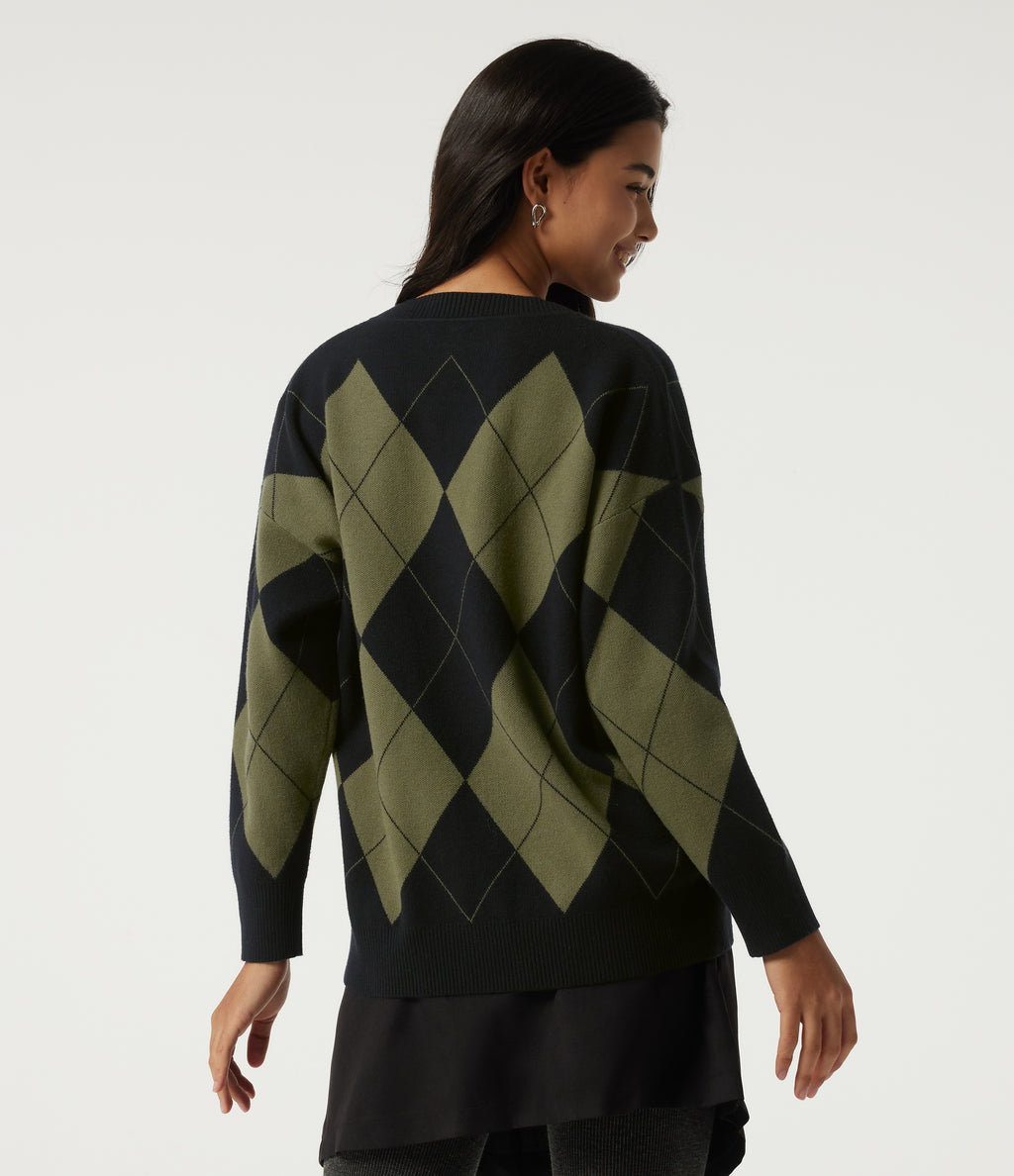V Neck Long Sleeve Diamond Check Casual Cardigan — Field Noir — view 2