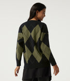 V Neck Long Sleeve Diamond Check Casual Cardigan — Field Noir — view 2