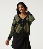 V Neck Long Sleeve Diamond Check Casual Cardigan — Field Noir — view 1