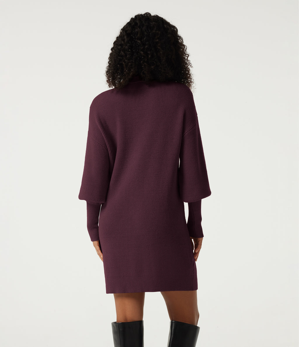 High Neck Long Sleeve Casual Mini Sweater Dress — Mauve Wine — view 2