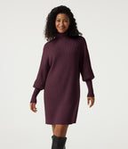 High Neck Long Sleeve Casual Mini Sweater Dress — Mauve Wine — view 1