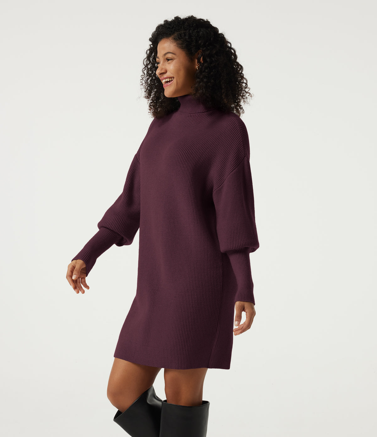 High Neck Long Sleeve Casual Mini Sweater Dress — Mauve Wine — view 3