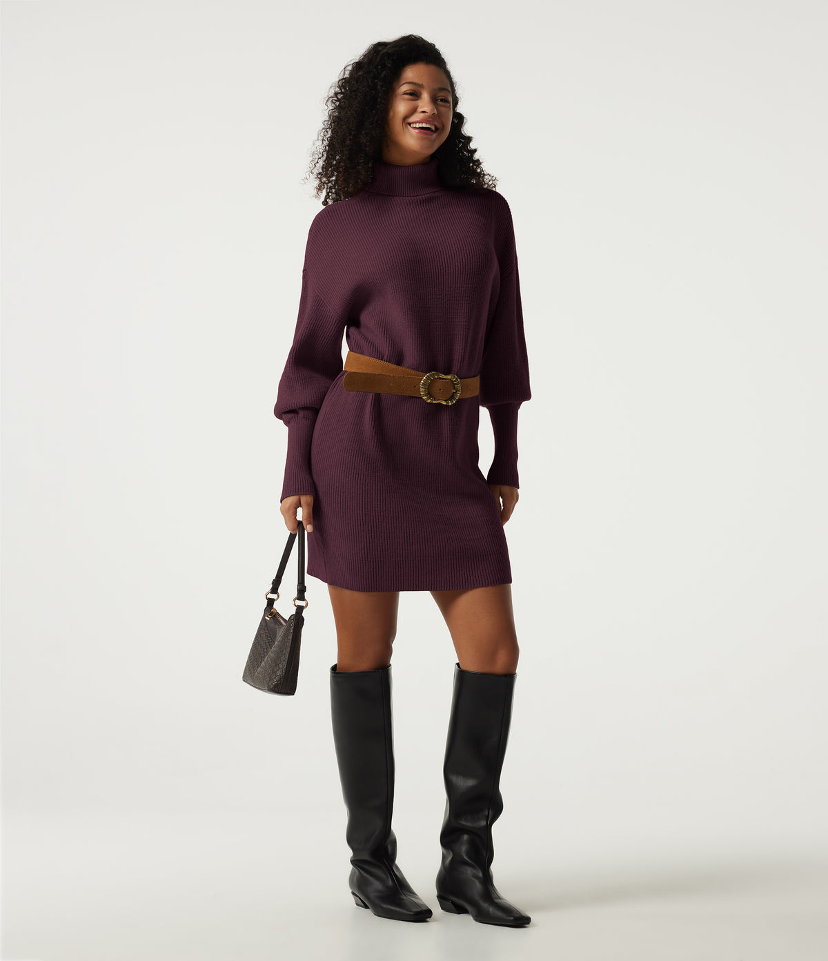 High Neck Long Sleeve Casual Mini Sweater Dress — Mauve Wine — view 6