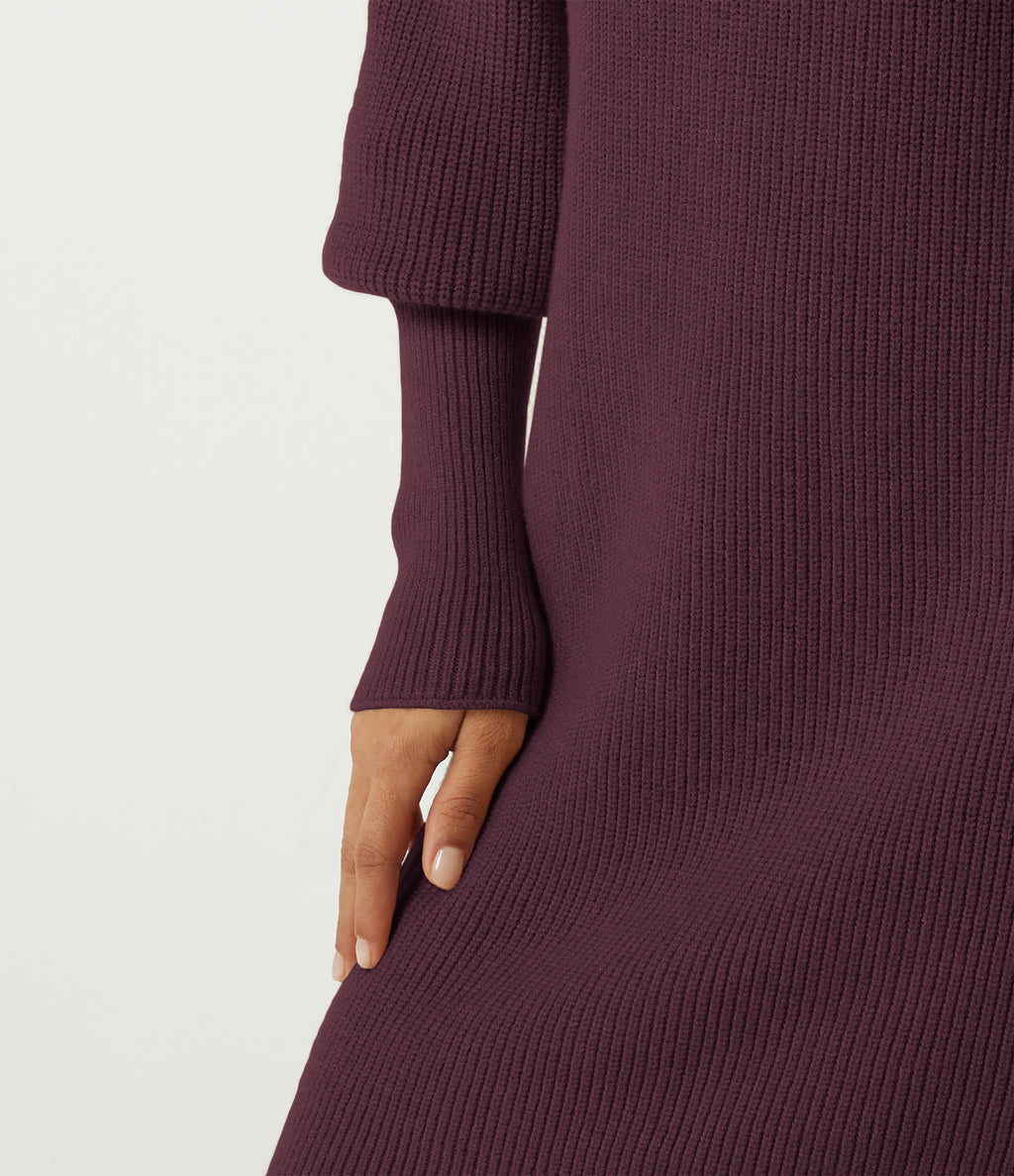 High Neck Long Sleeve Casual Mini Sweater Dress — Mauve Wine — view 5