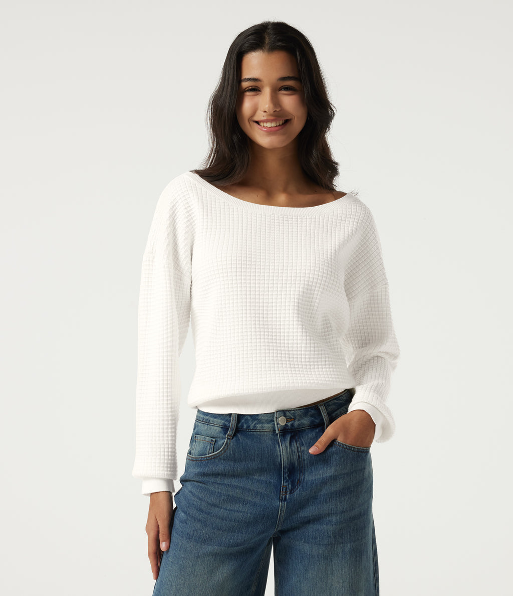 Long Sleeve Waffle Casual Jumper — White — view 4