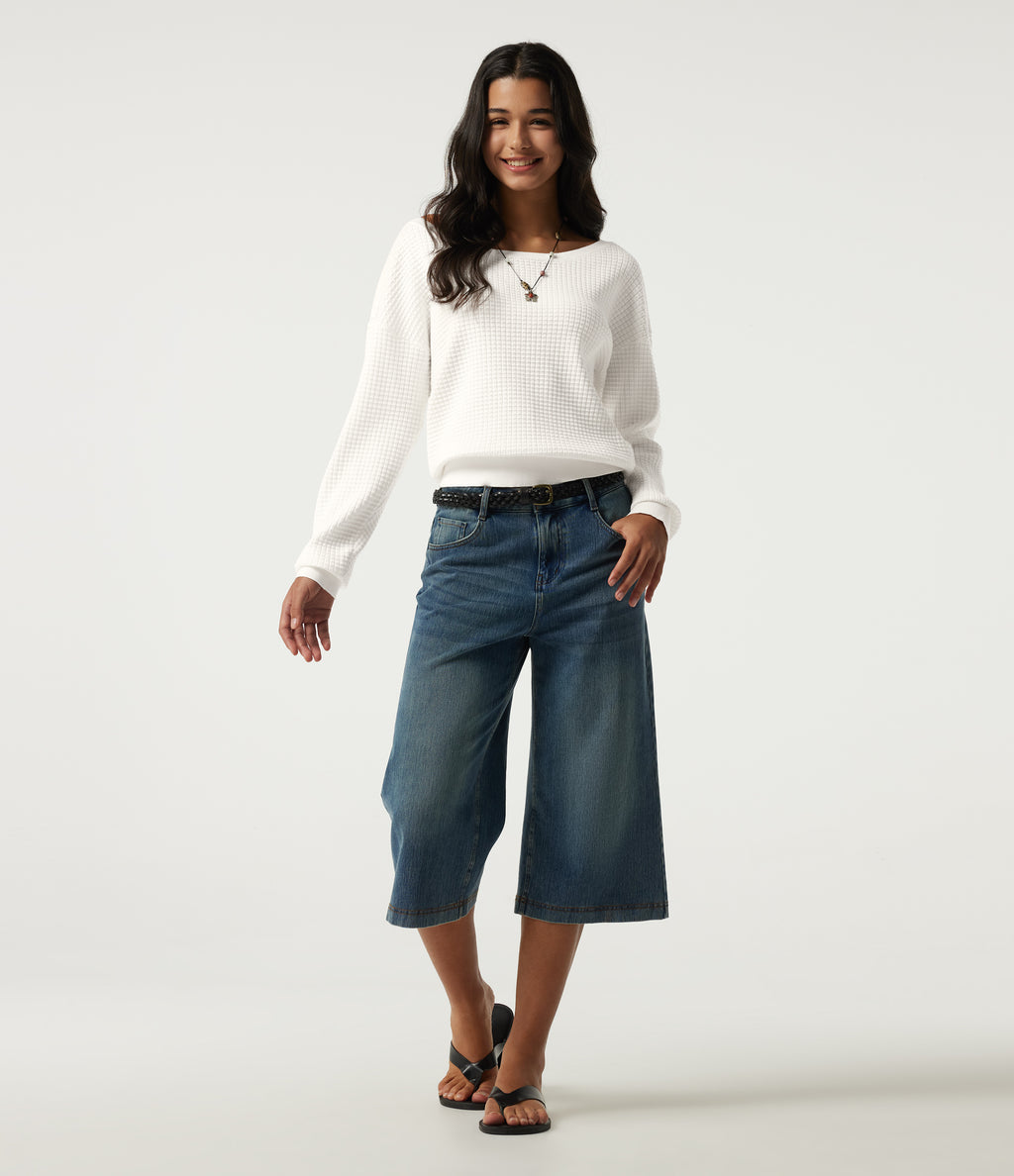 Long Sleeve Waffle Casual Jumper — White — view 6