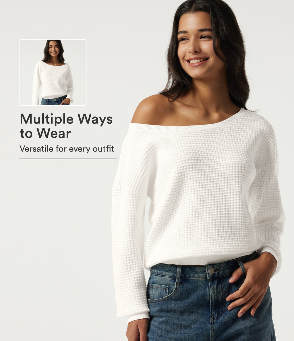 Long Sleeve Waffle Casual Jumper — White — view 1