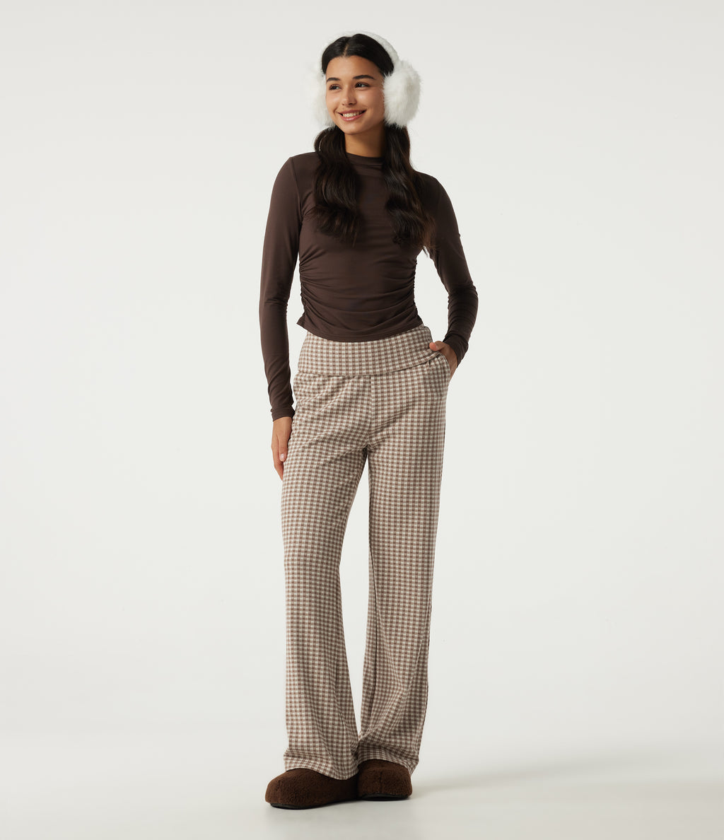 Mid Rise Foldover Wide Leg Plaid Lounge Trousers with Pockets — Paris Café Check — view 7