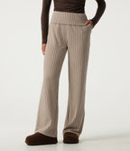 Mid Rise Foldover Wide Leg Plaid Lounge Trousers with Pockets — Paris Café Check — view 1