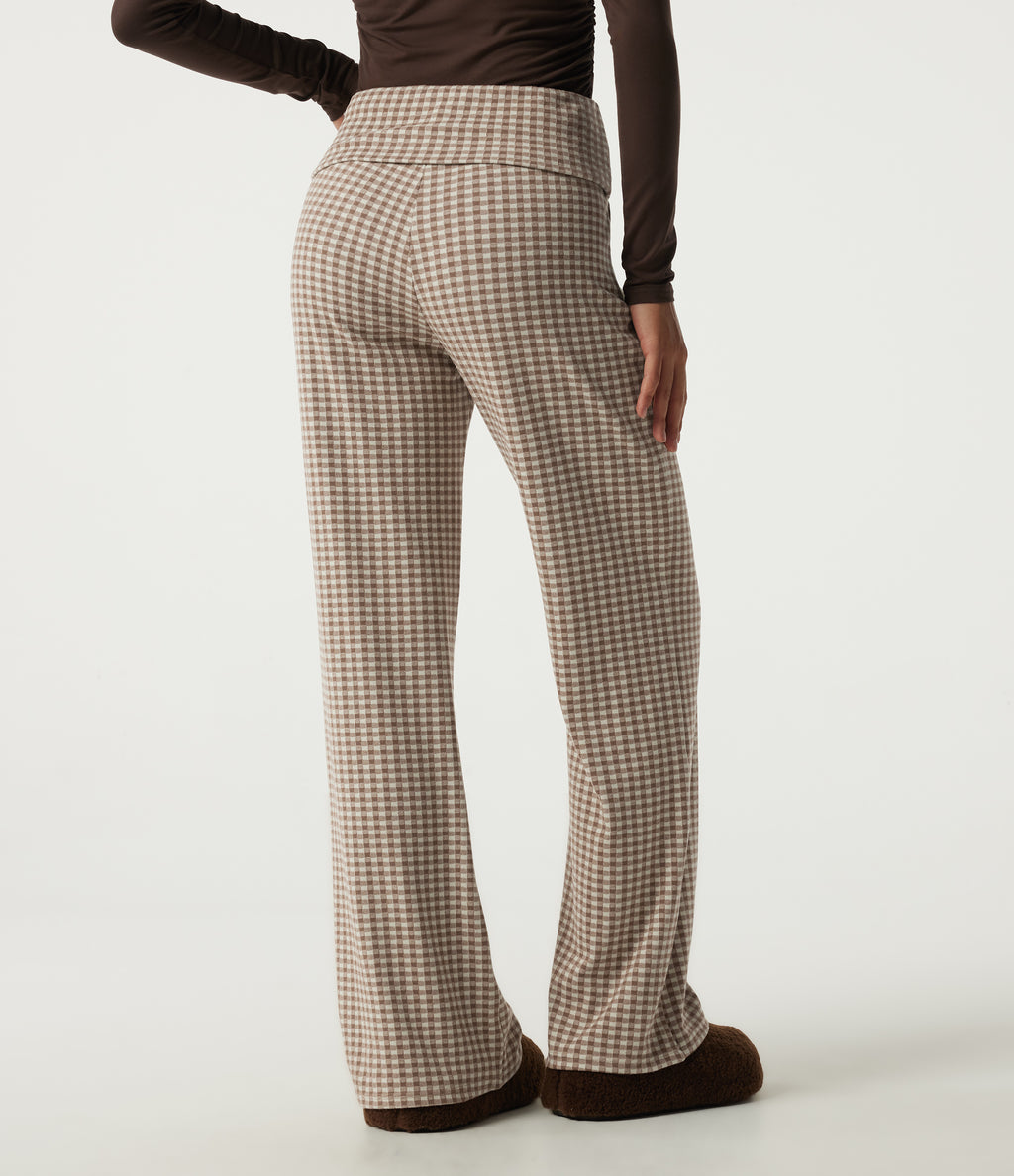 Mid Rise Foldover Wide Leg Plaid Lounge Trousers with Pockets — Paris Café Check — view 2
