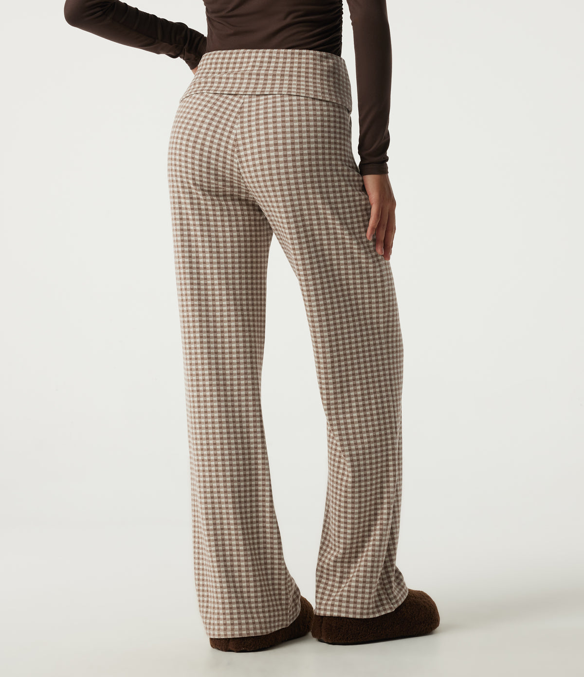 Mid Rise Foldover Wide Leg Plaid Lounge Trousers with Pockets — Paris Café Check — view 2