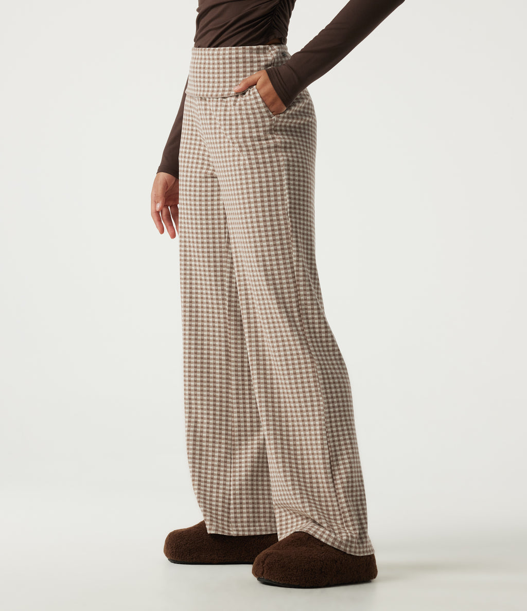 Mid Rise Foldover Wide Leg Plaid Lounge Trousers with Pockets — Paris Café Check — view 3