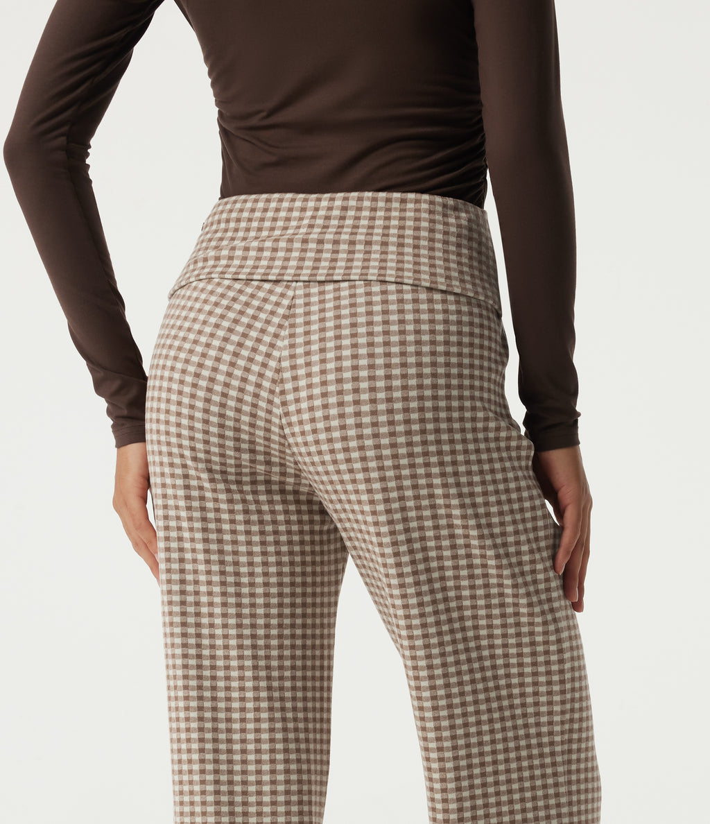 Mid Rise Foldover Wide Leg Plaid Lounge Trousers with Pockets — Paris Café Check — view 5