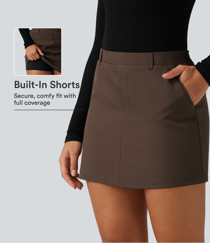 Wrinkle Recovery High Waisted A-Line Work Mini Skirt with Built-in Shorts and Pockets — Chestnut — view 1