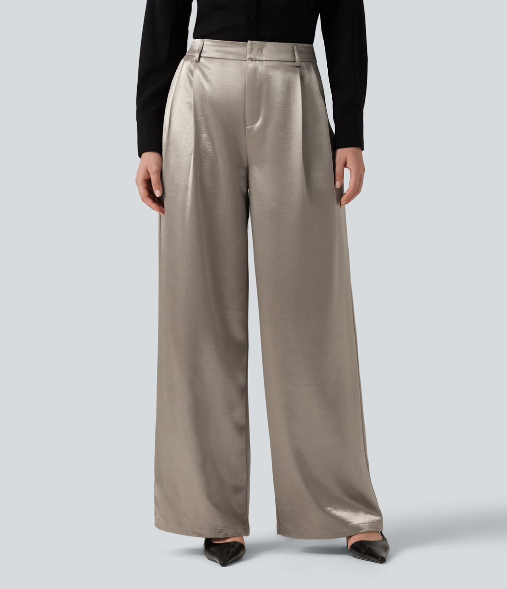 High Waisted Wide Leg Satin Work Trousers with Pockets — White Pewter — view 1